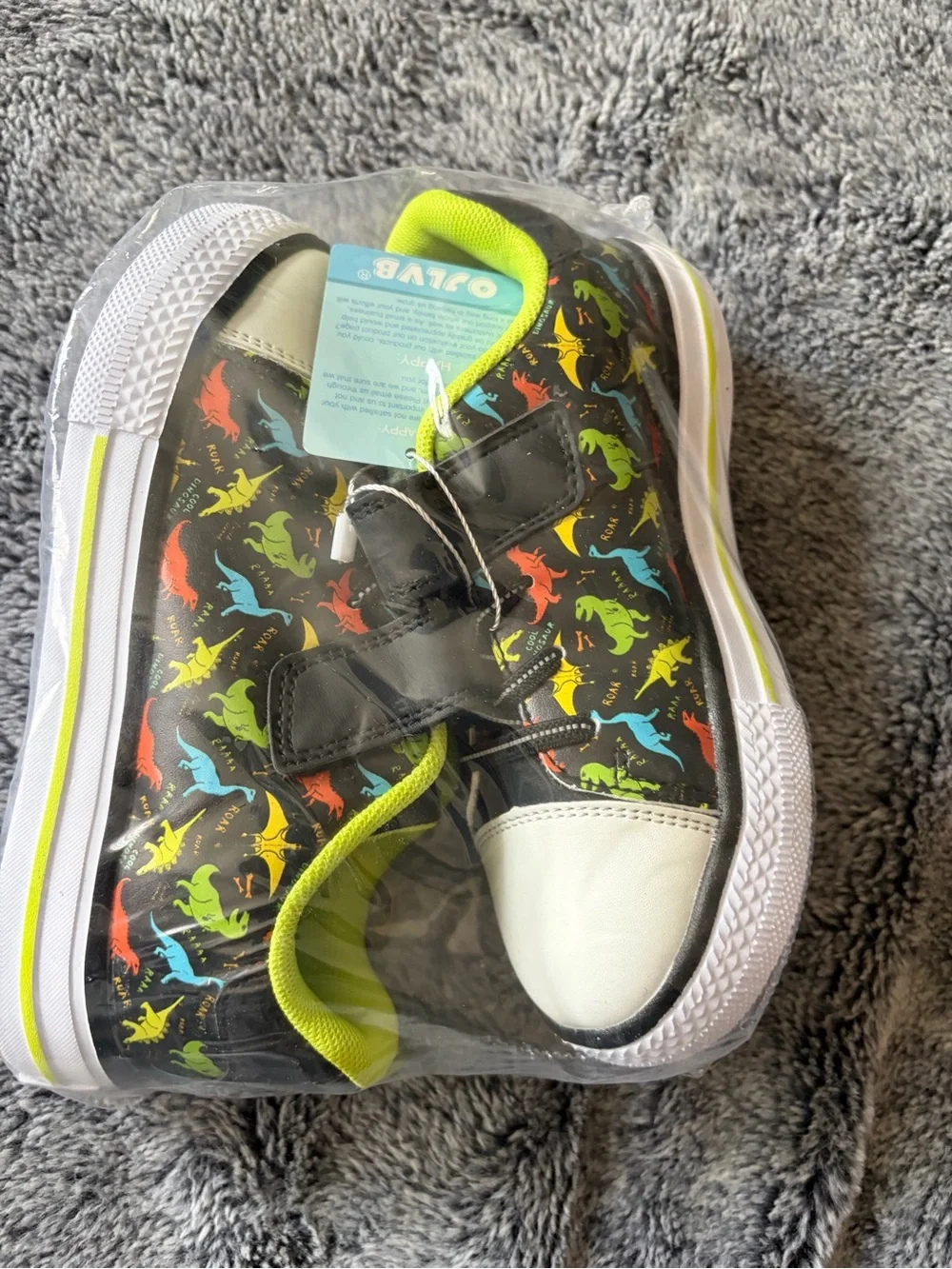 Kids Black Dinosaur Print Velcro Sneakers with Neon Trim